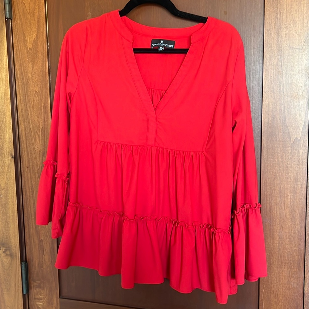 Pomander Place red blouse bought at Tuckernuck. Barely used.